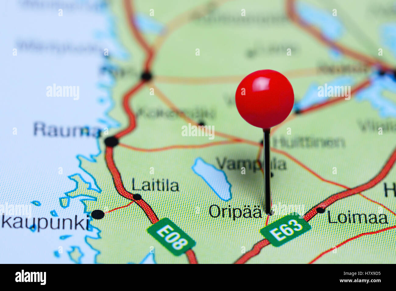 Oripaa pinned on a map of Finland Stock Photo