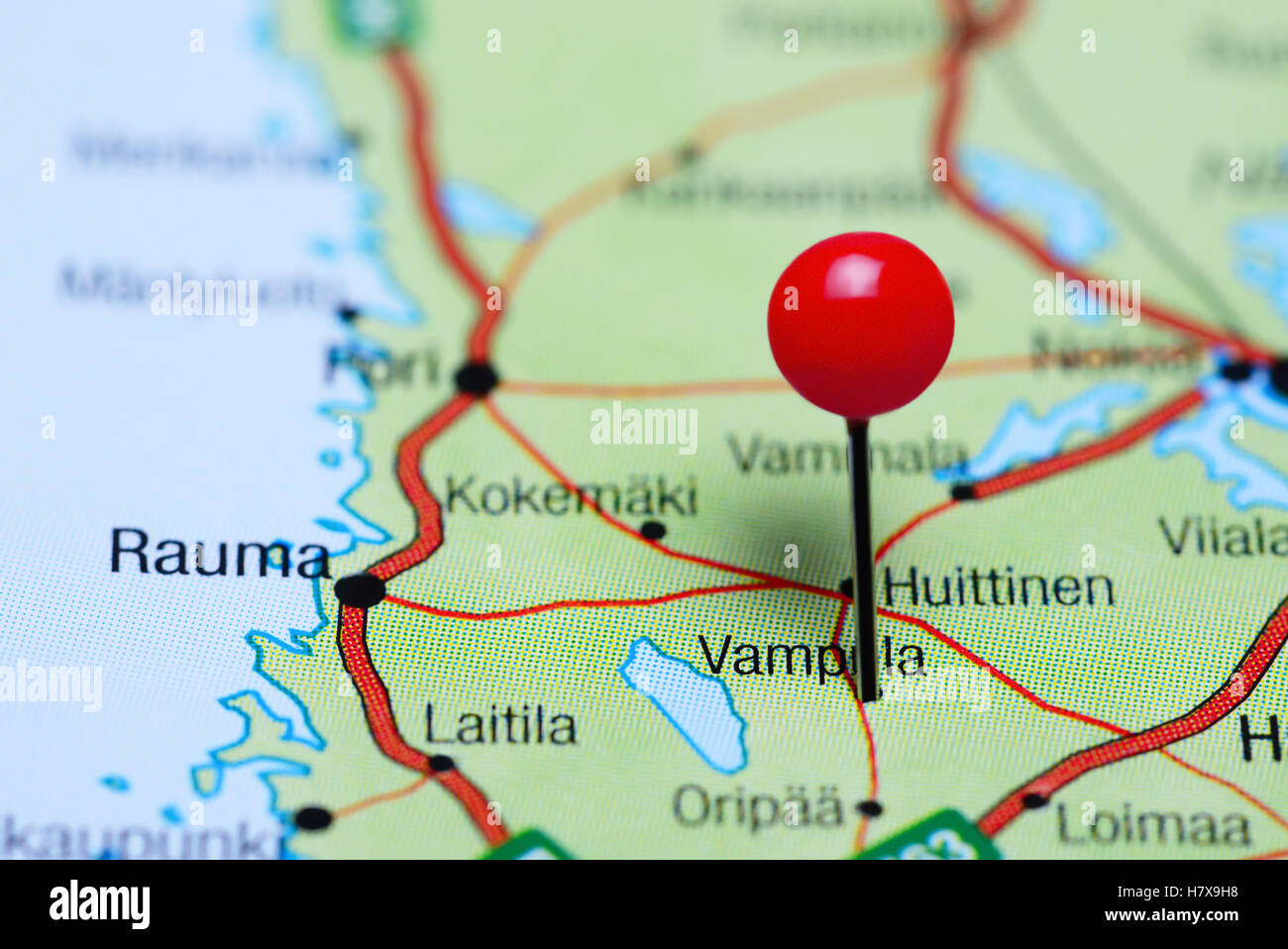 Vampula pinned on a map of Finland Stock Photo