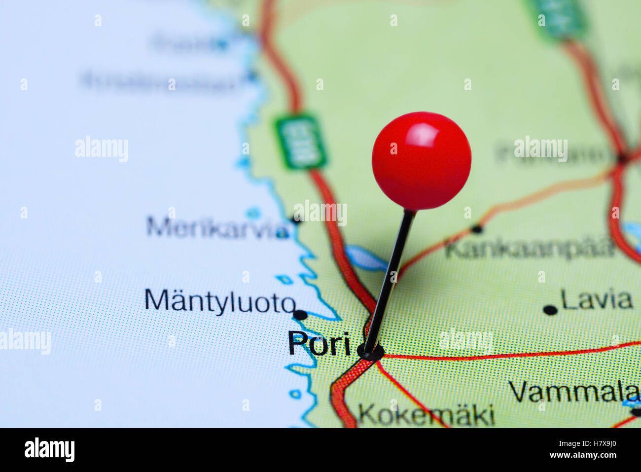 Pori pinned on a map of Finland Stock Photo