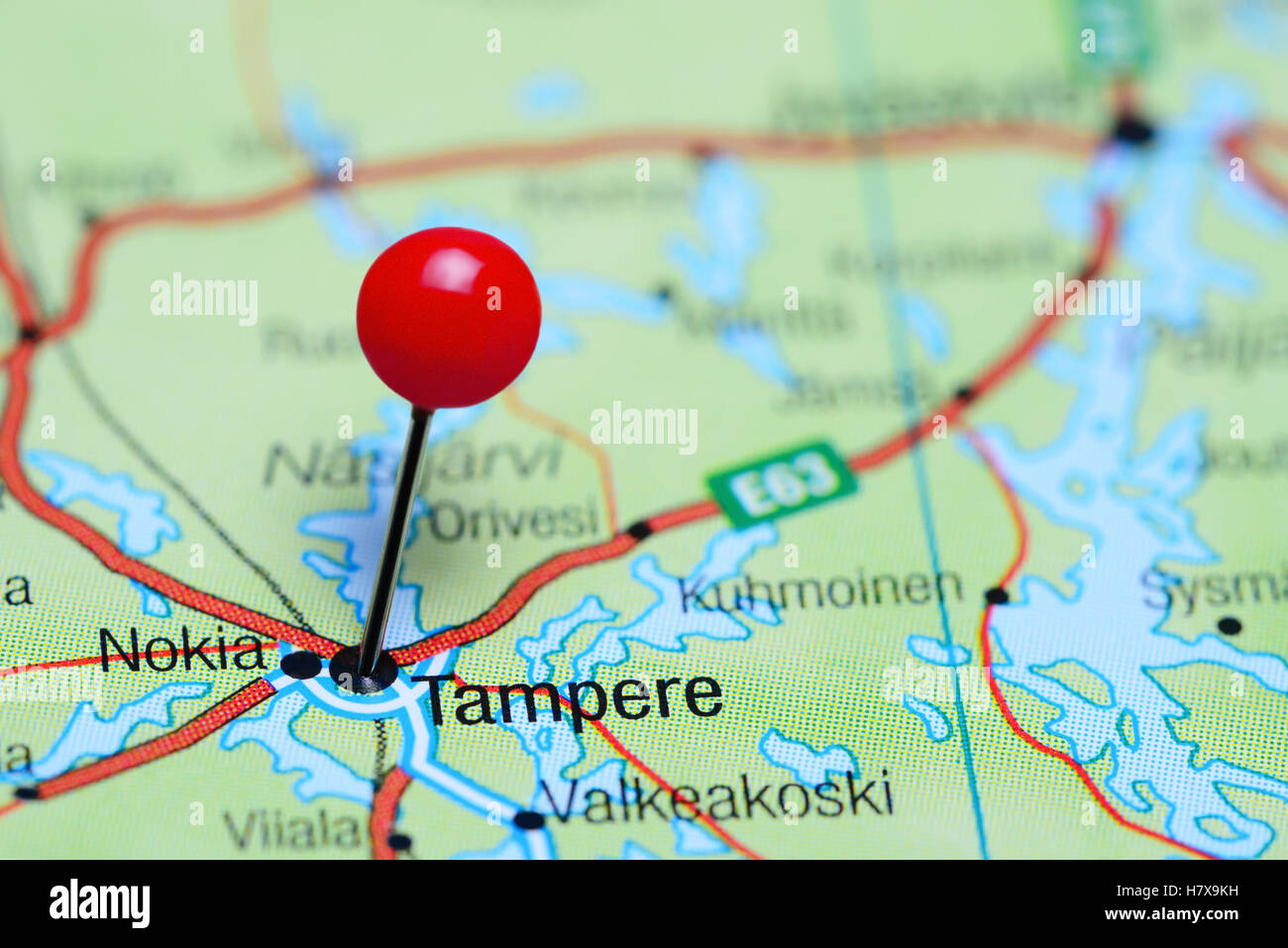 Tampere pinned on a map of Finland Stock Photo