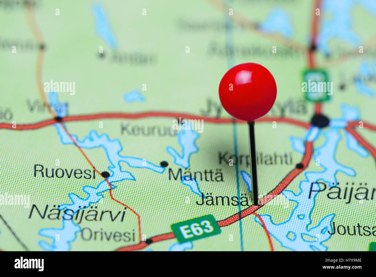 Jamsa pinned on a map of Finland Stock Photo