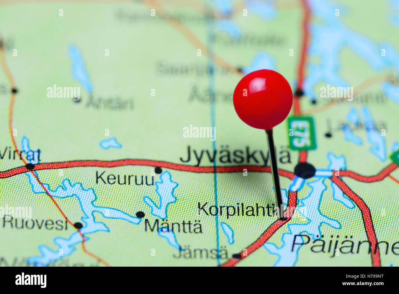 Korpilahti pinned on a map of Finland Stock Photo