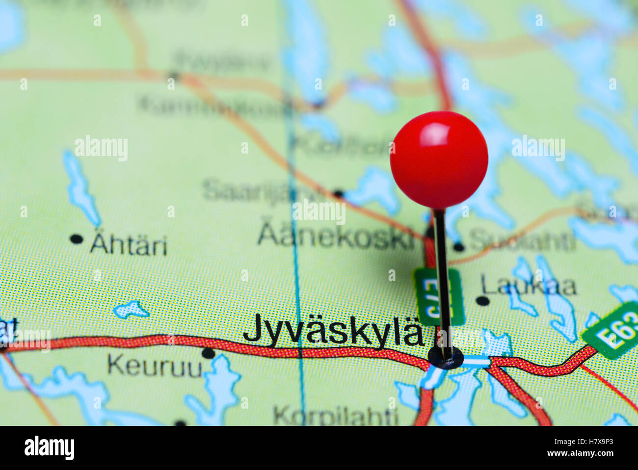 Jyvaskyla pinned on a map of Finland Stock Photo