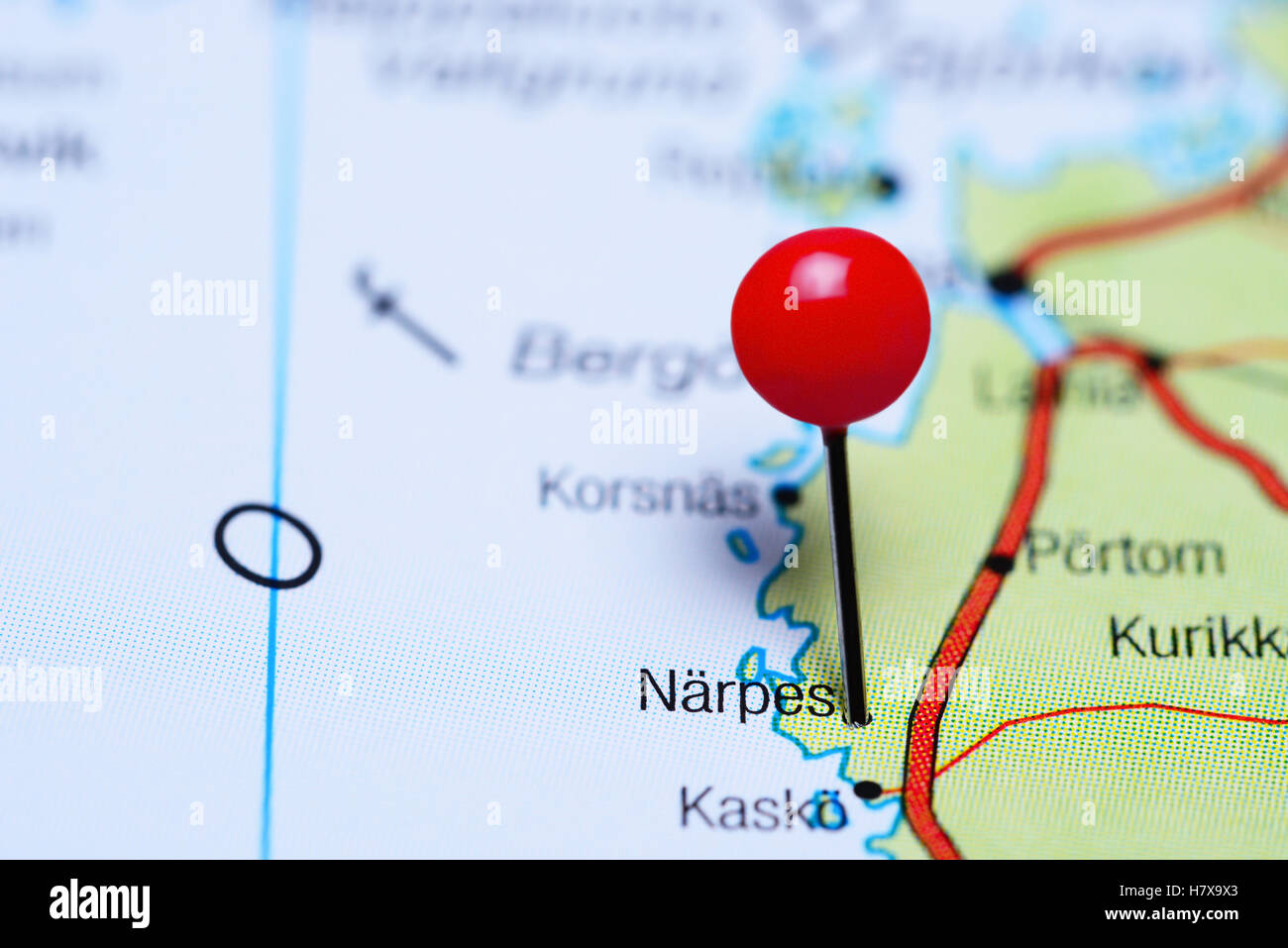 Narpes pinned on a map of Finland Stock Photo