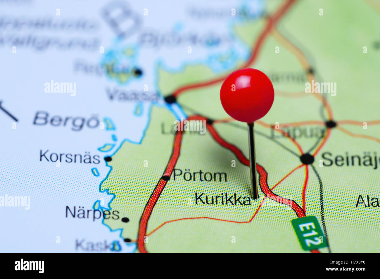 Kurikka pinned on a map of Finland Stock Photo