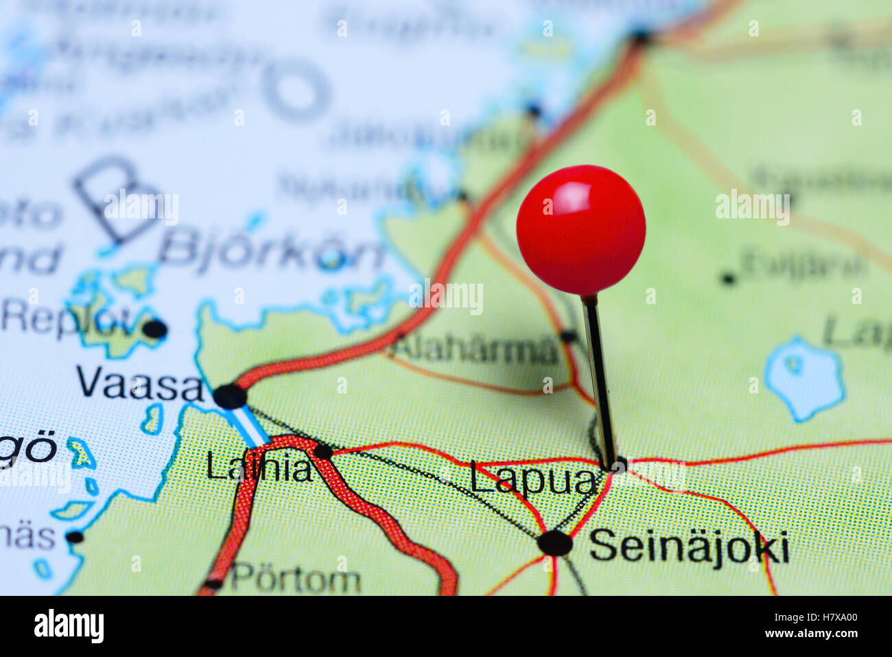 Lapua pinned on a map of Finland Stock Photo