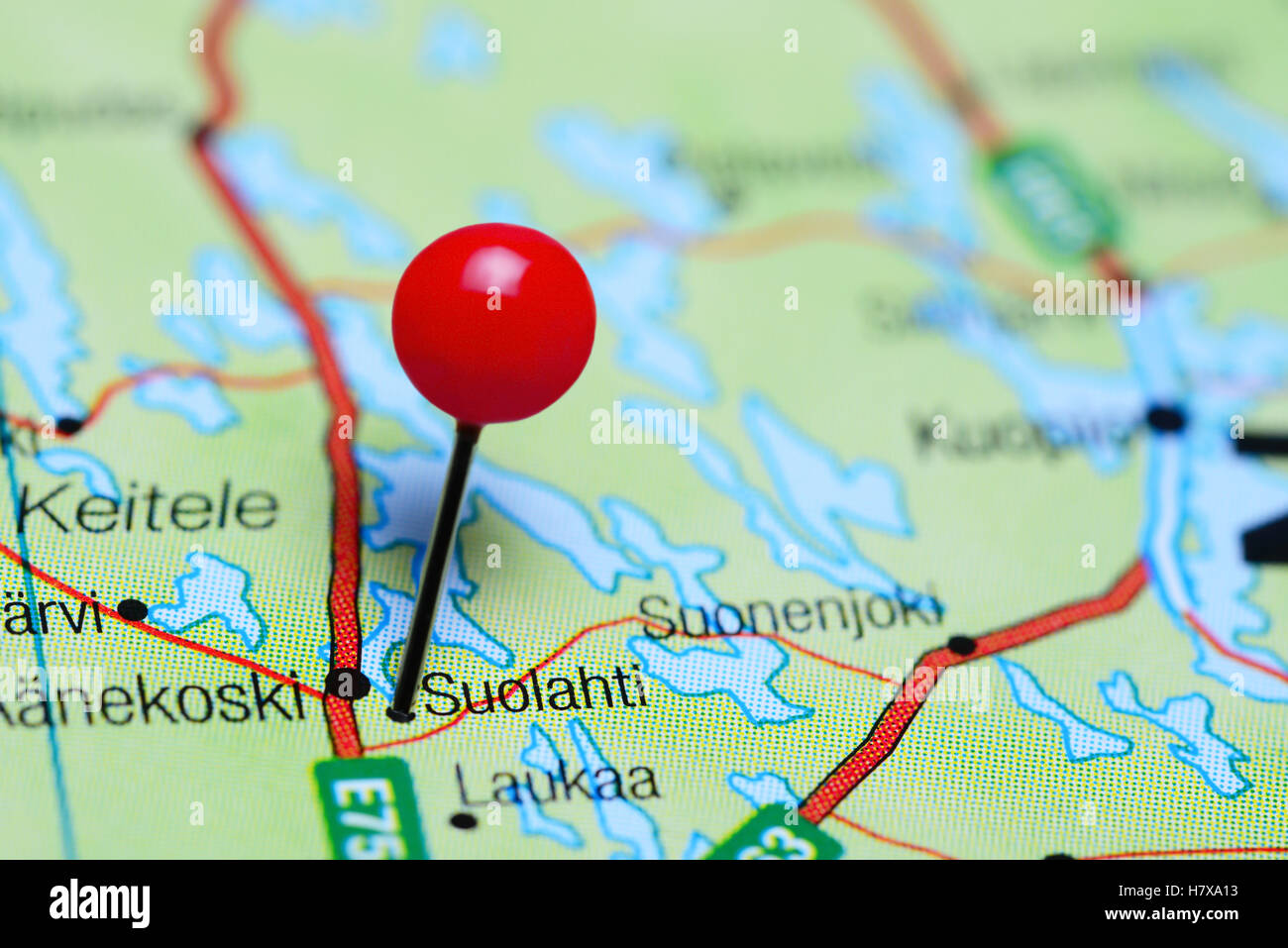 Suolahti pinned on a map of Finland Stock Photo