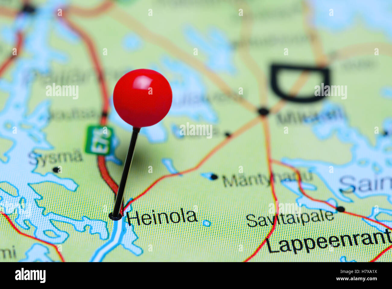 Heinola pinned on a map of Finland Stock Photo