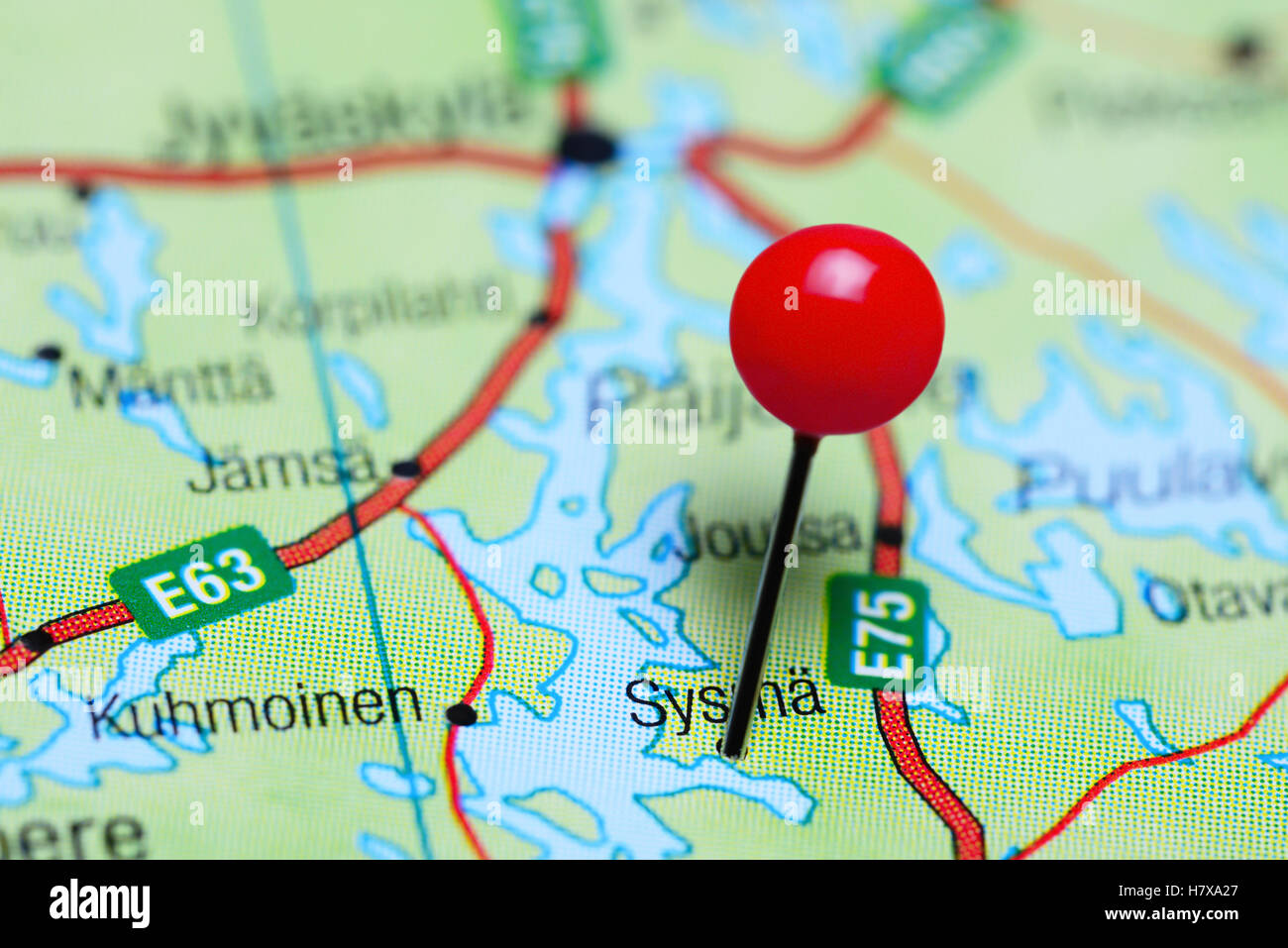 Sysma pinned on a map of Finland Stock Photo