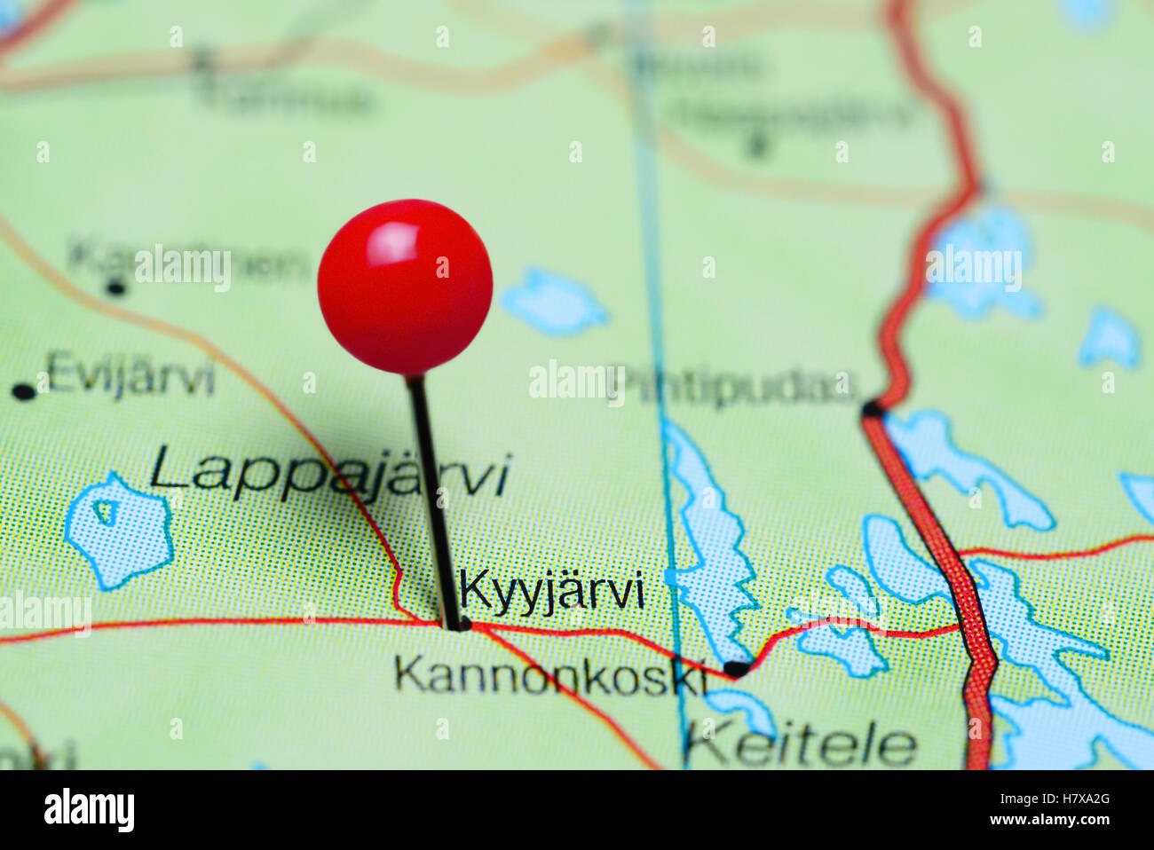 Kyyjarvi pinned on a map of Finland Stock Photo