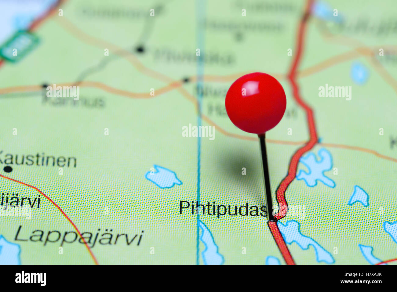 Pihtipudas pinned on a map of Finland Stock Photo