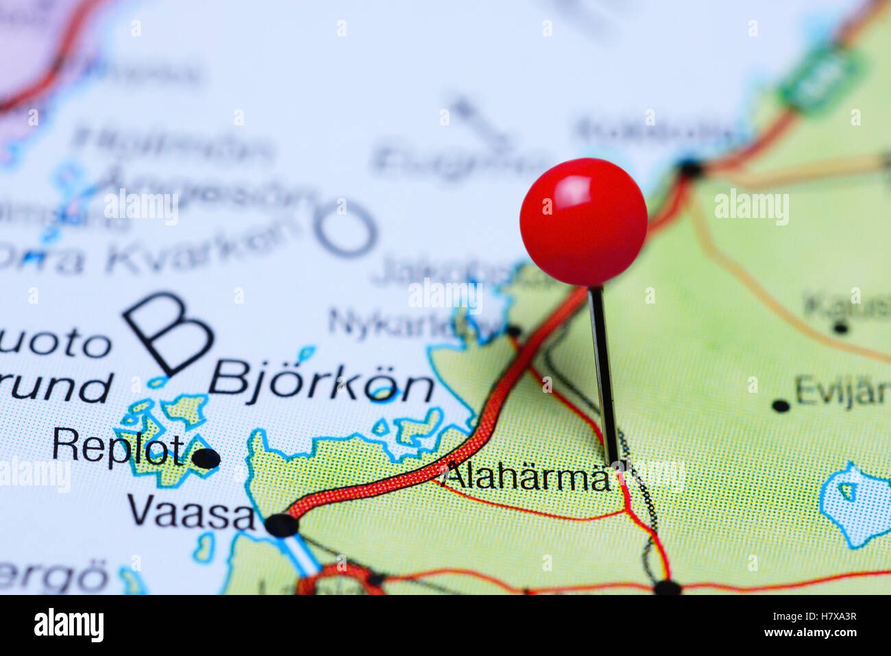 Alaharma pinned on a map of Finland Stock Photo