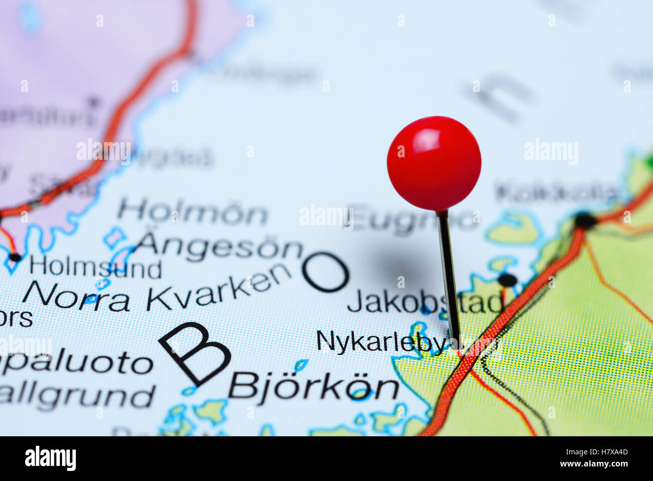 Nykarleby pinned on a map of Finland Stock Photo