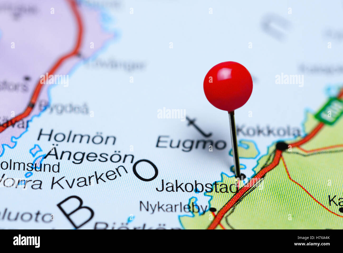 Jakobstad pinned on a map of Finland Stock Photo