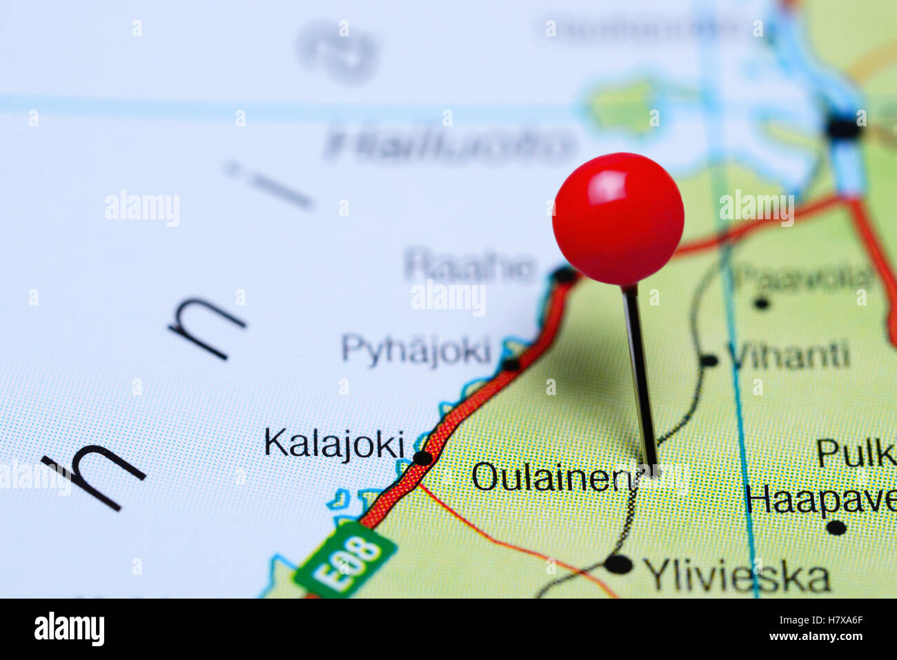 Oulainen pinned on a map of Finland Stock Photo