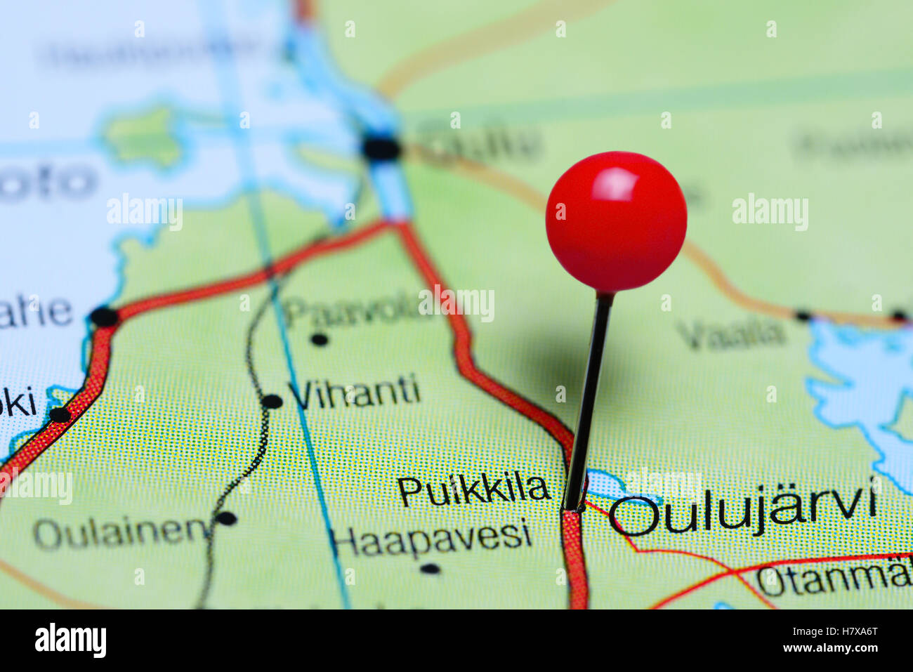 Pulkkila pinned on a map of Finland Stock Photo