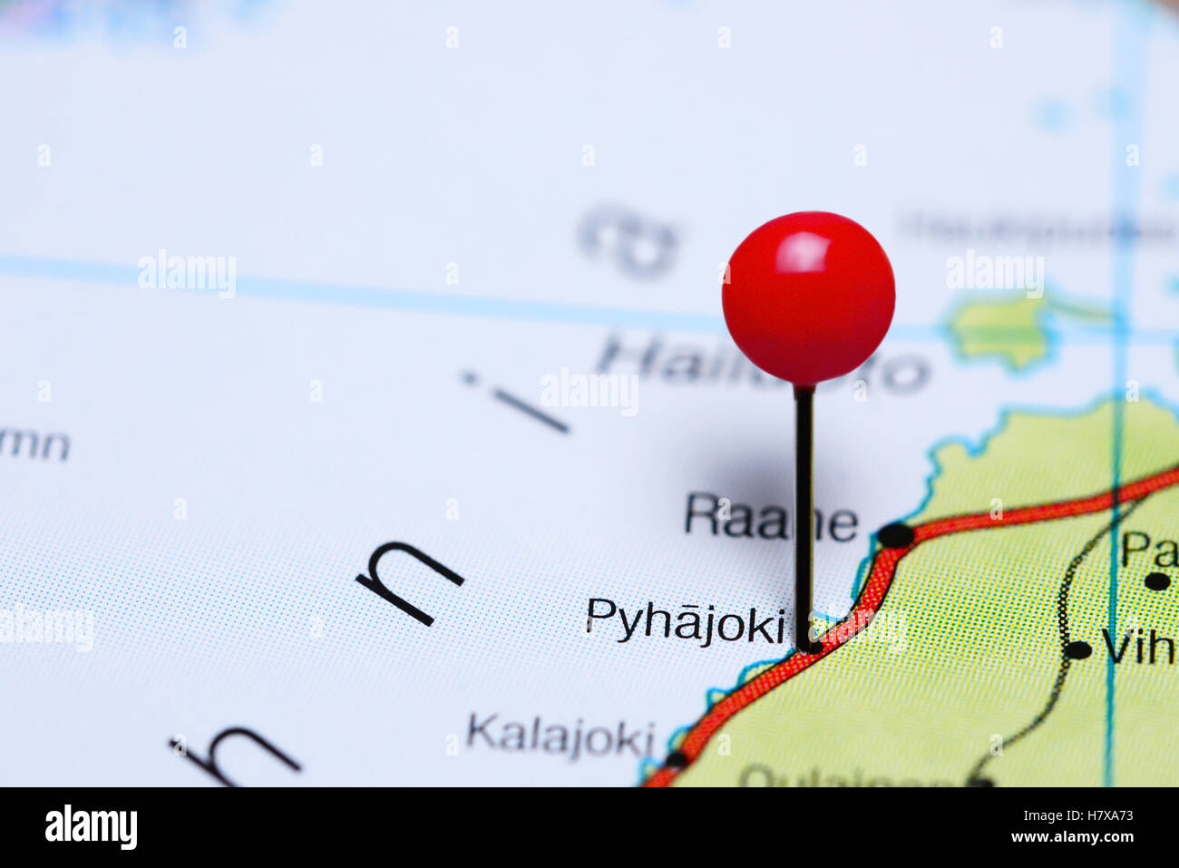 Pyhajoki pinned on a map of Finland Stock Photo