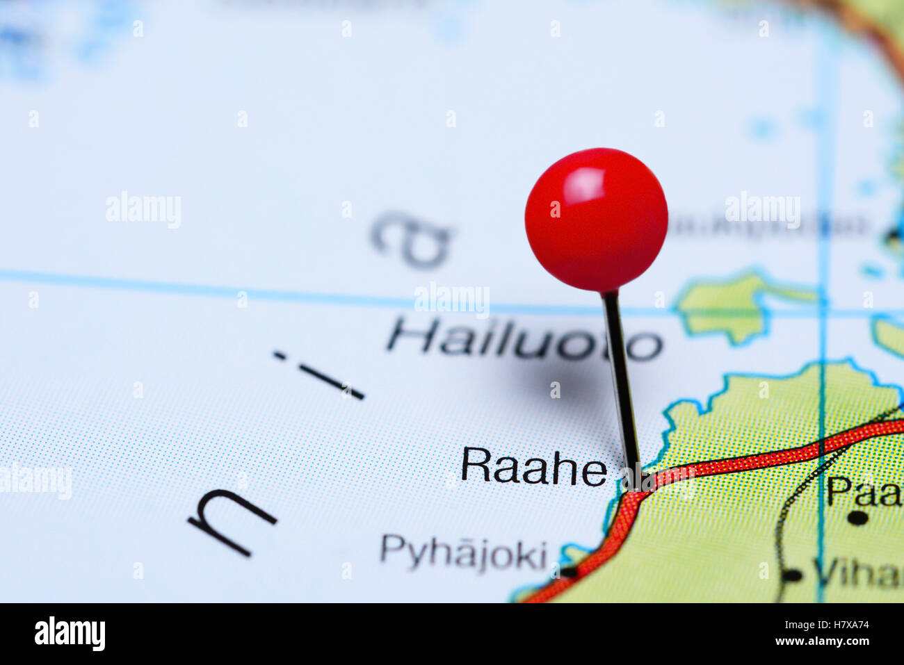 Raahe pinned on a map of Finland Stock Photo