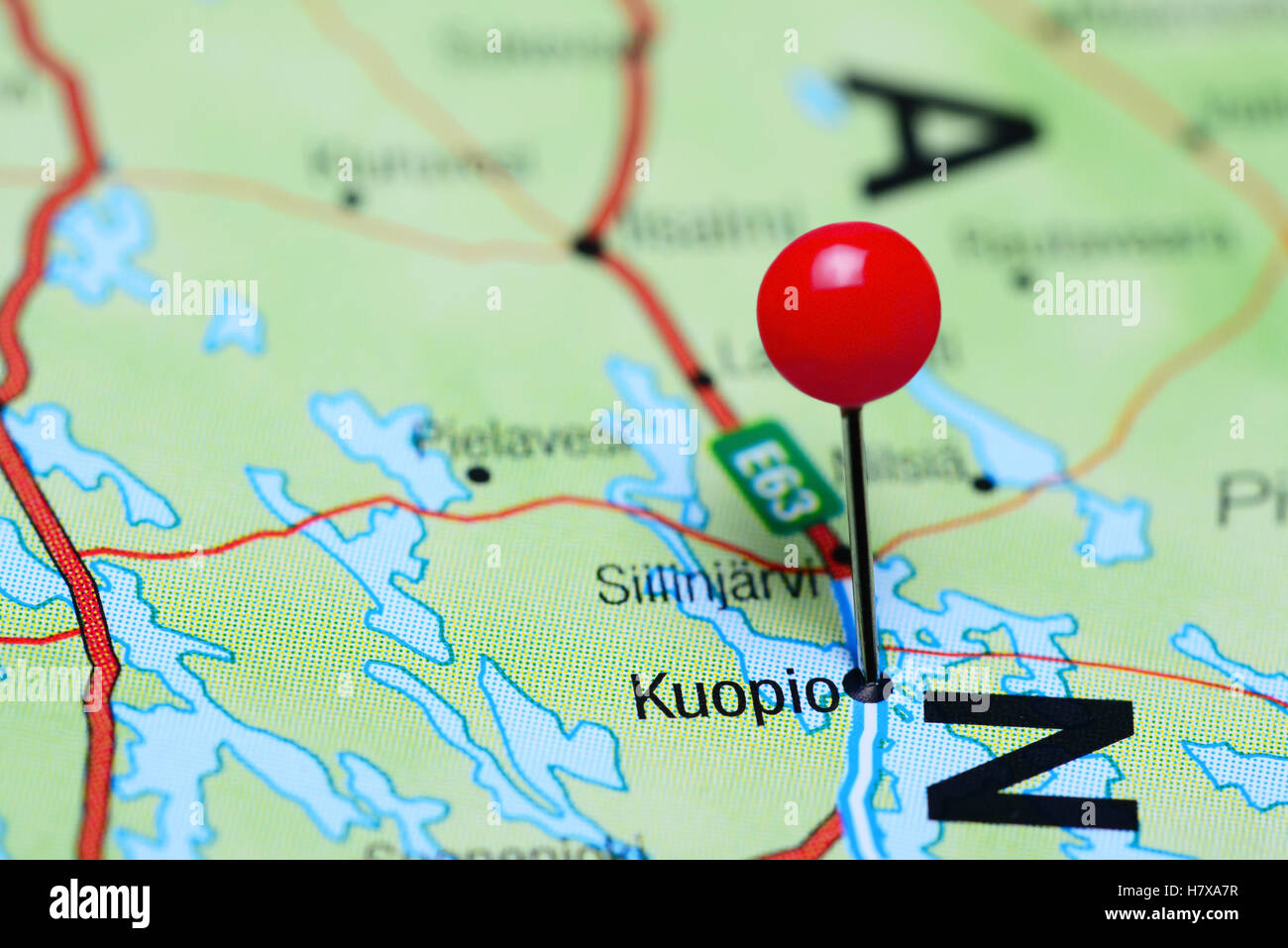 Kuopio pinned on a map of Finland Stock Photo