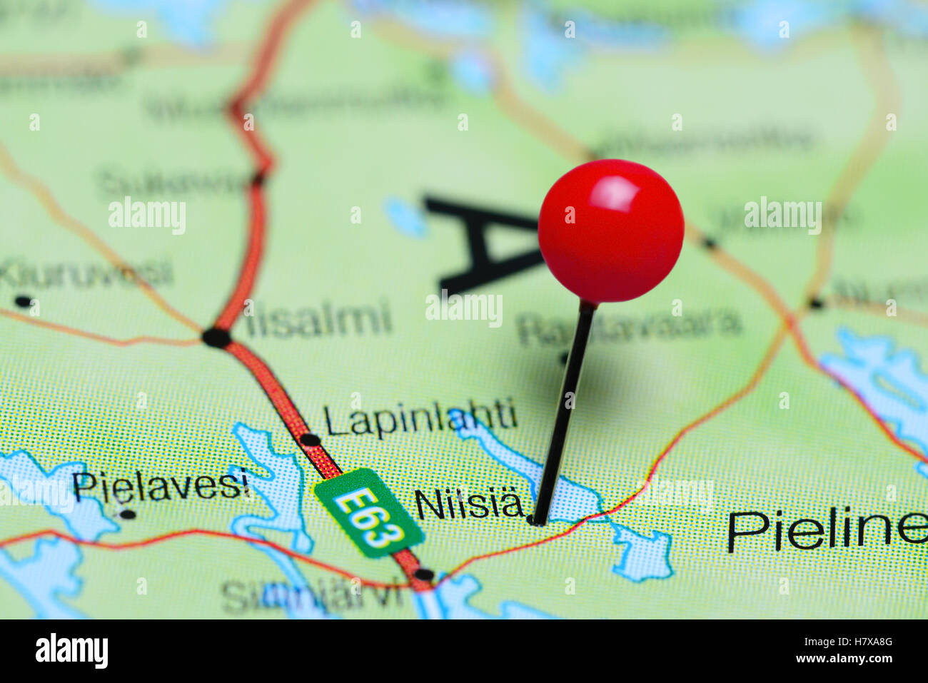 Nilsia pinned on a map of Finland Stock Photo
