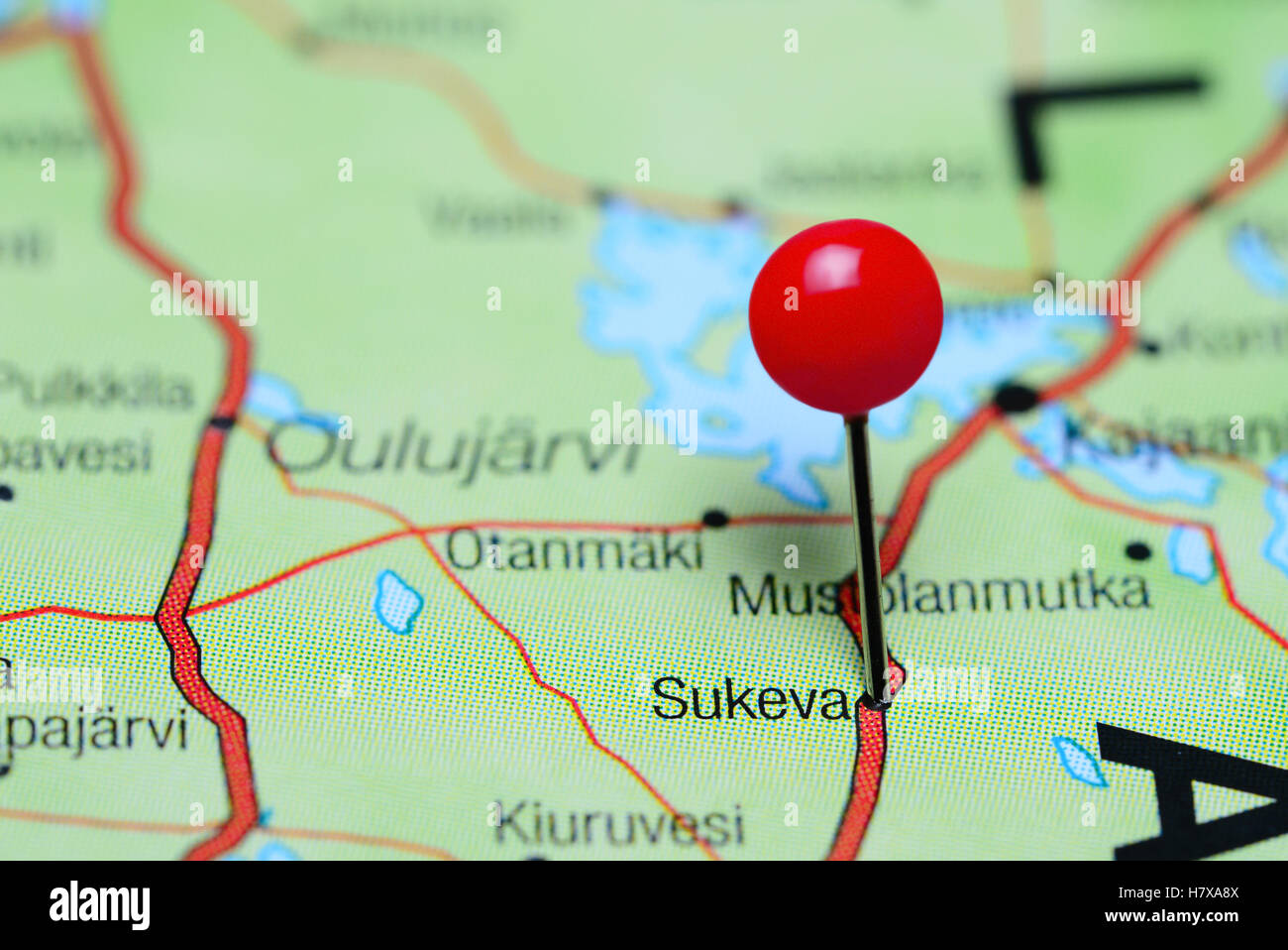 Sukeva pinned on a map of Finland Stock Photo