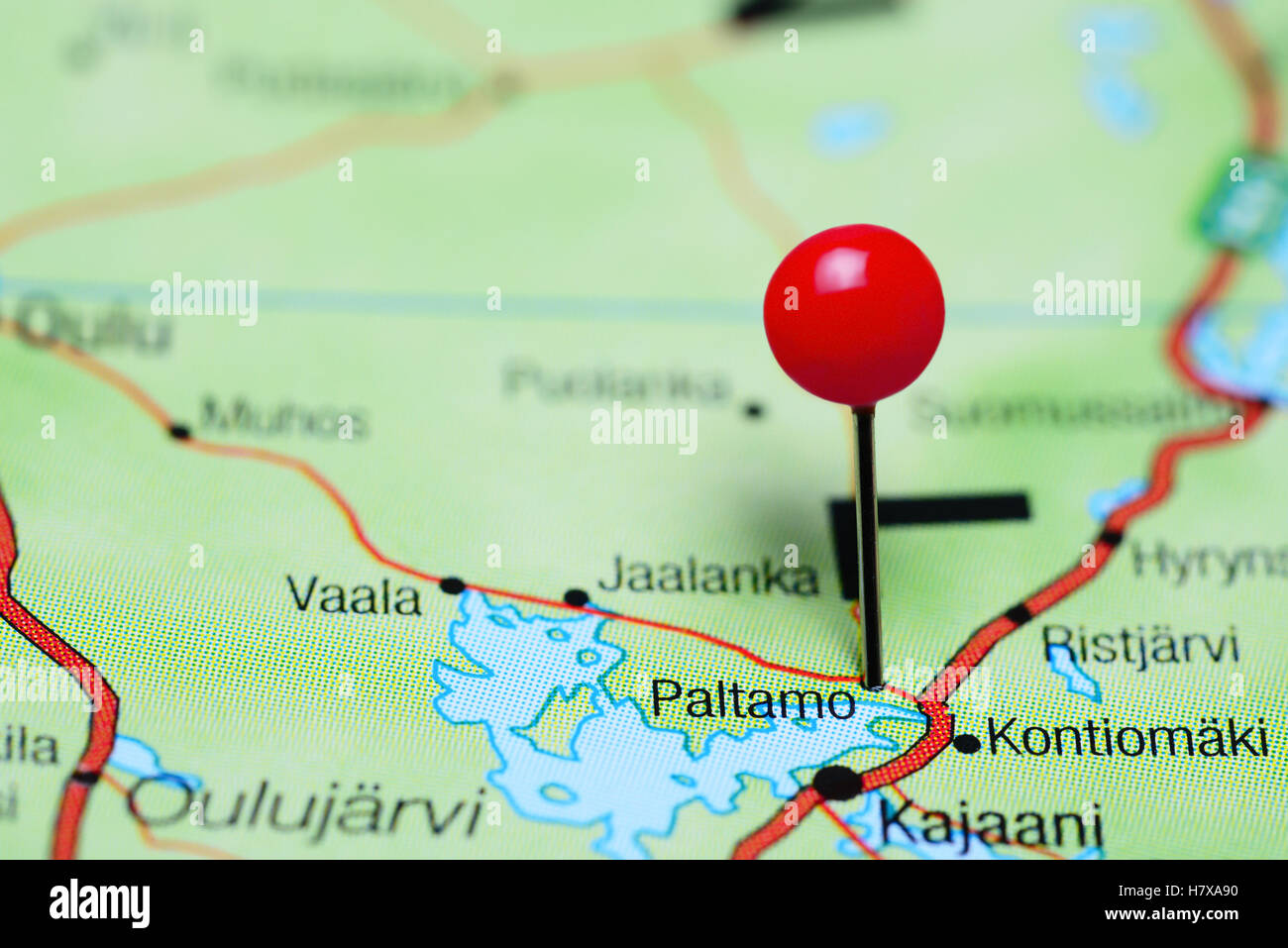 Paltamo pinned on a map of Finland Stock Photo