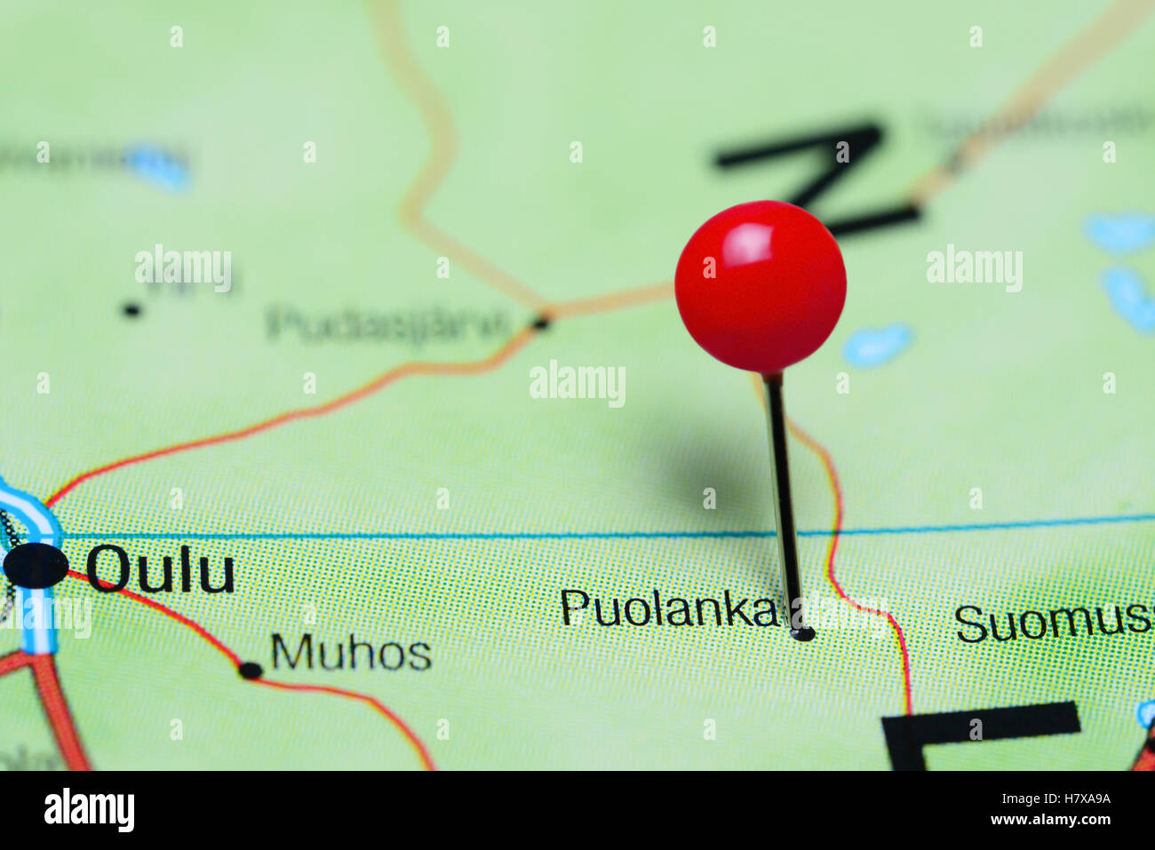 Puolanka pinned on a map of Finland Stock Photo