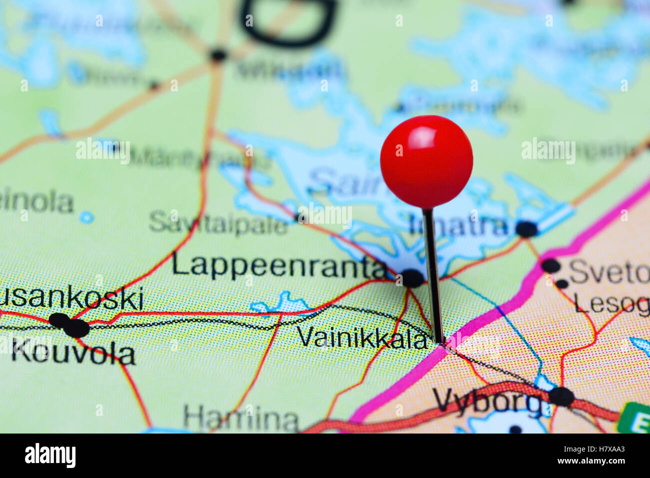 Vainikkala pinned on a map of Finland Stock Photo