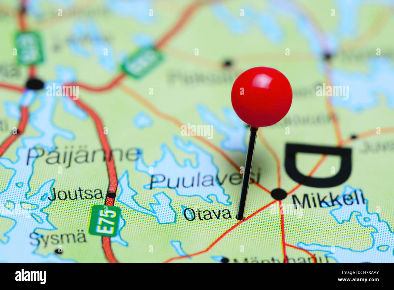 Otava pinned on a map of Finland Stock Photo