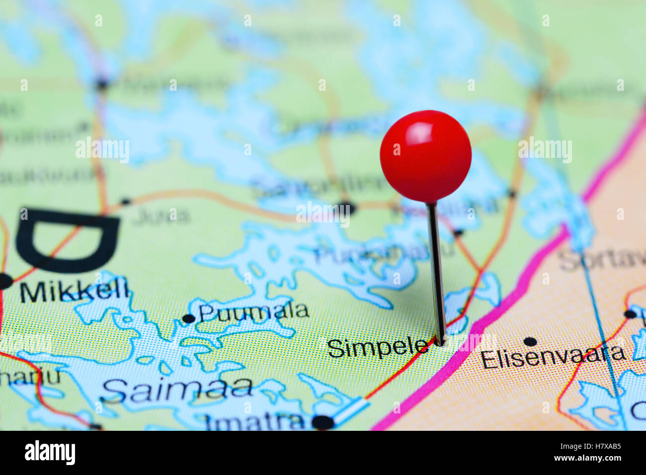 Simpele pinned on a map of Finland Stock Photo