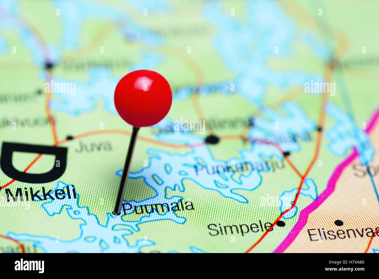 Puumala pinned on a map of Finland Stock Photo