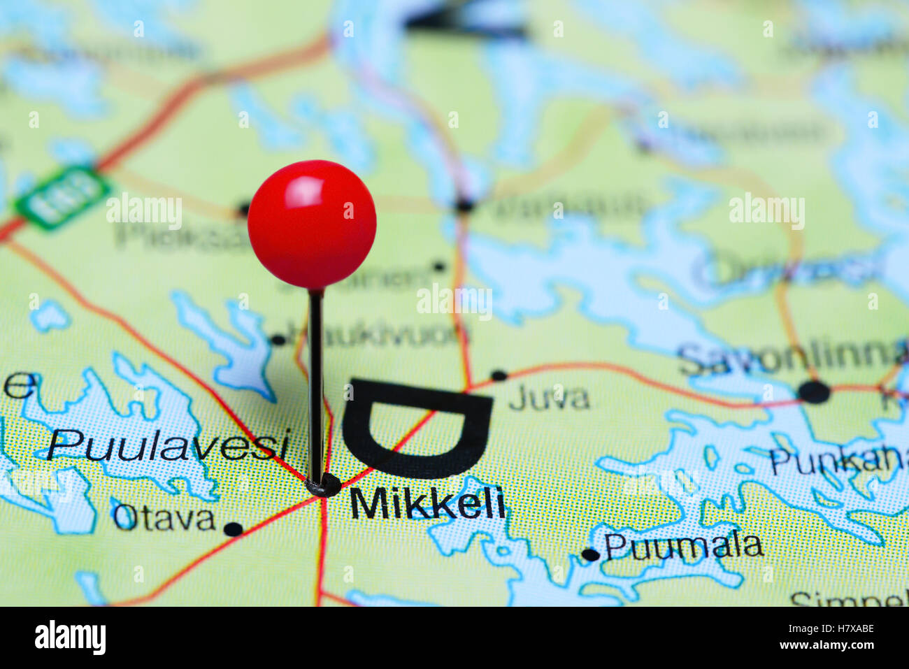 Mikkeli pinned on a map of Finland Stock Photo