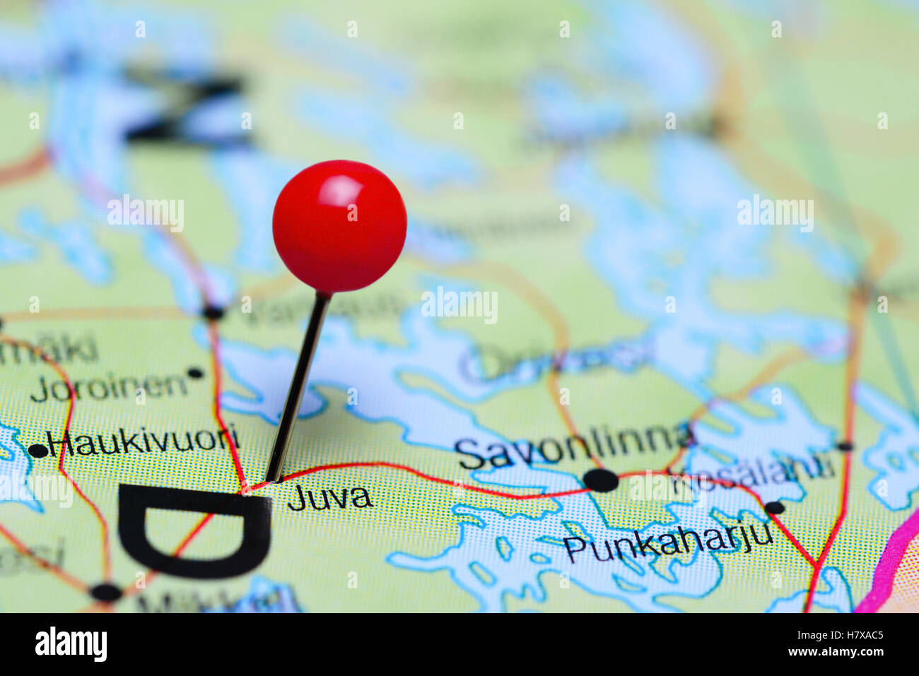 Juva pinned on a map of Finland Stock Photo