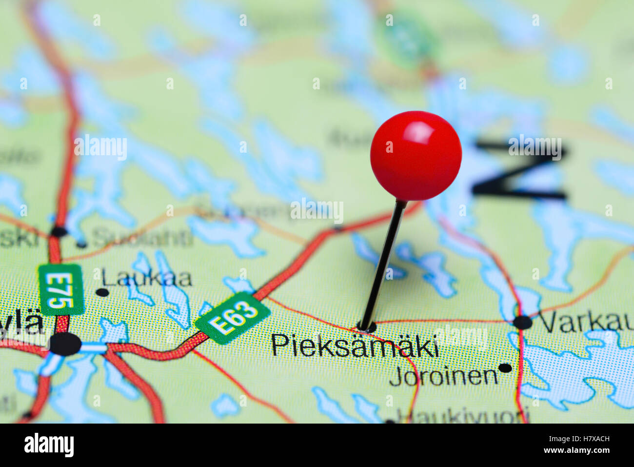 Pieksamaki pinned on a map of Finland Stock Photo
