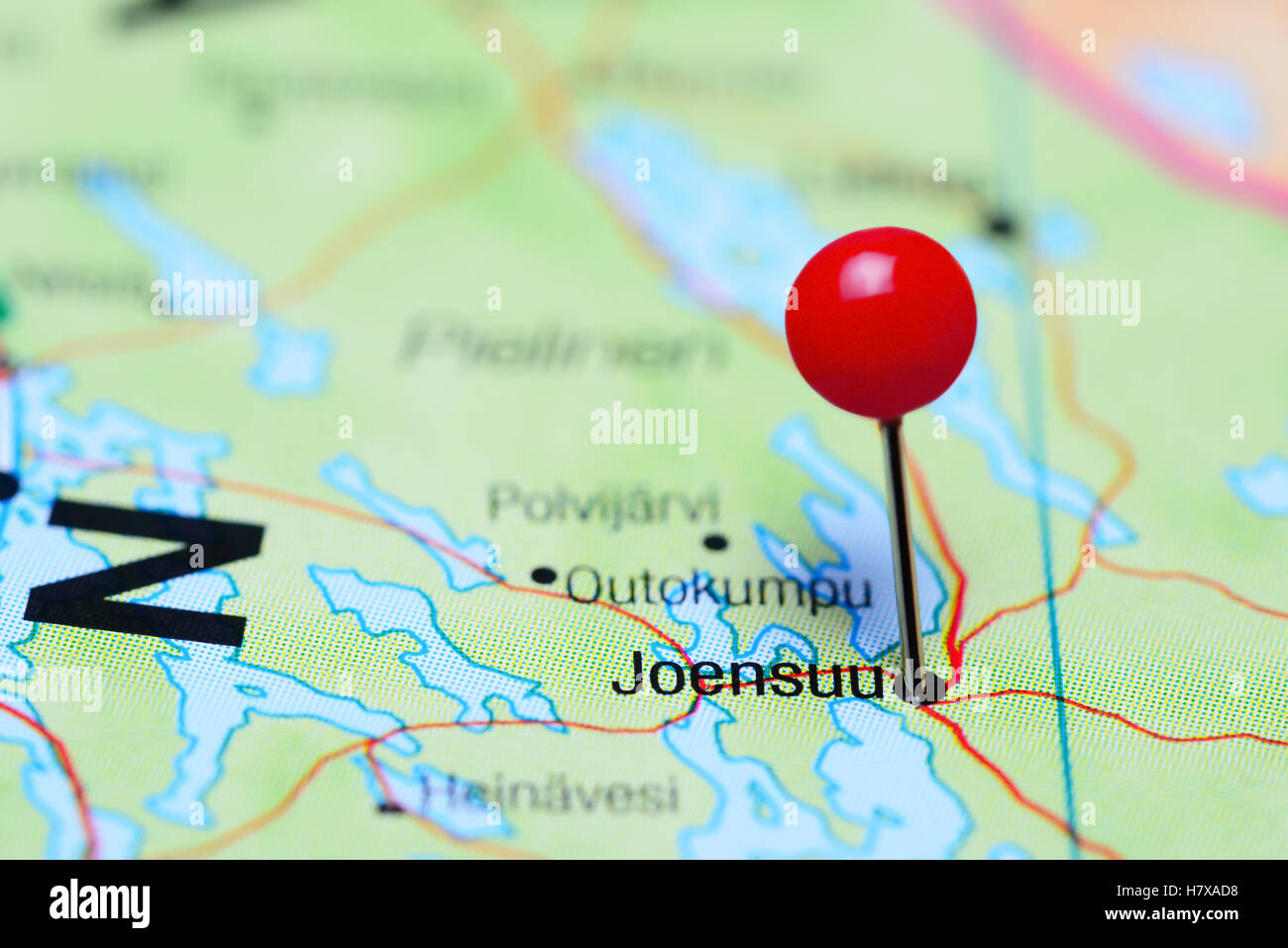 Joensuu pinned on a map of Finland Stock Photo