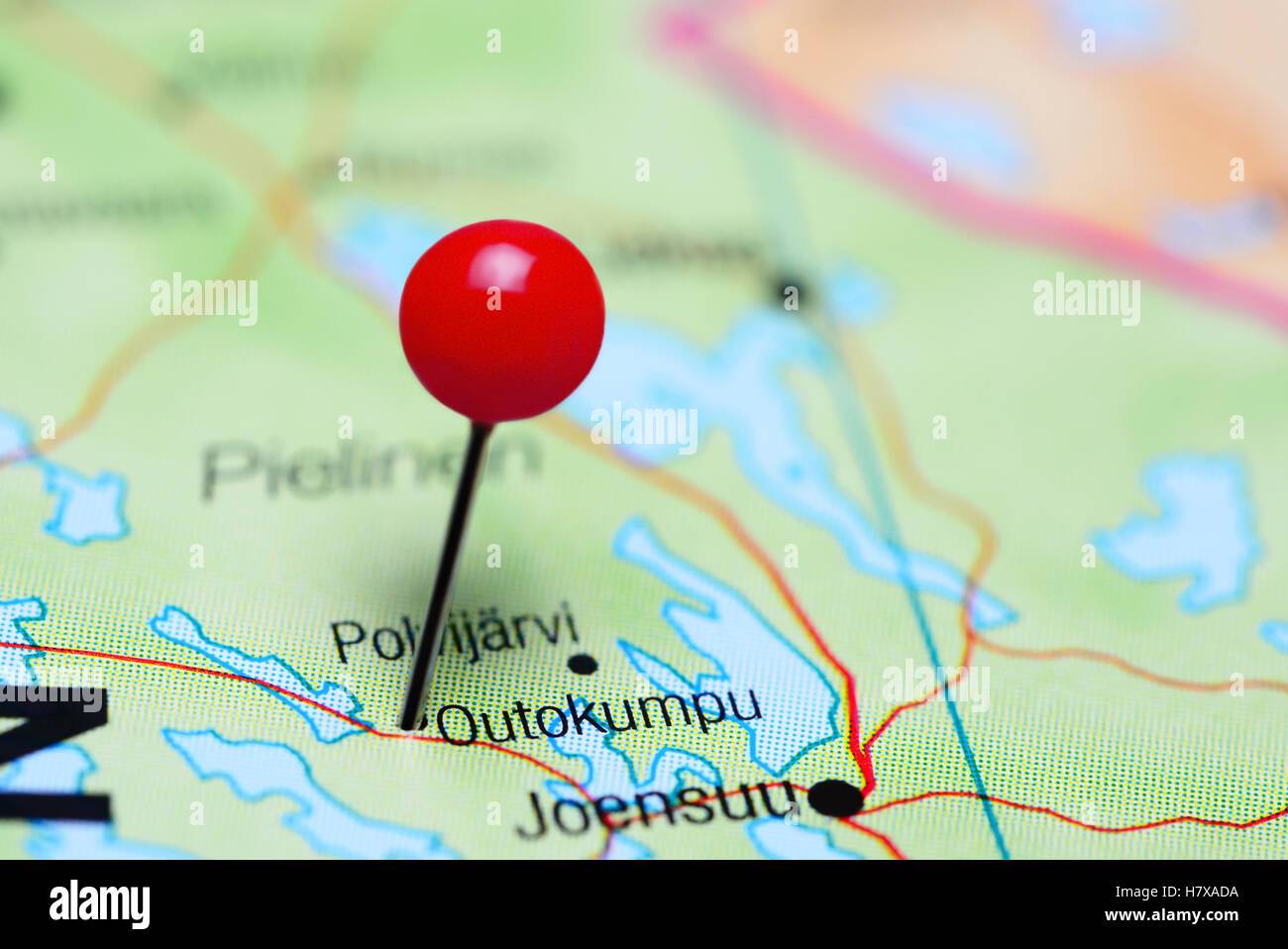Outokumpu pinned on a map of Finland Stock Photo