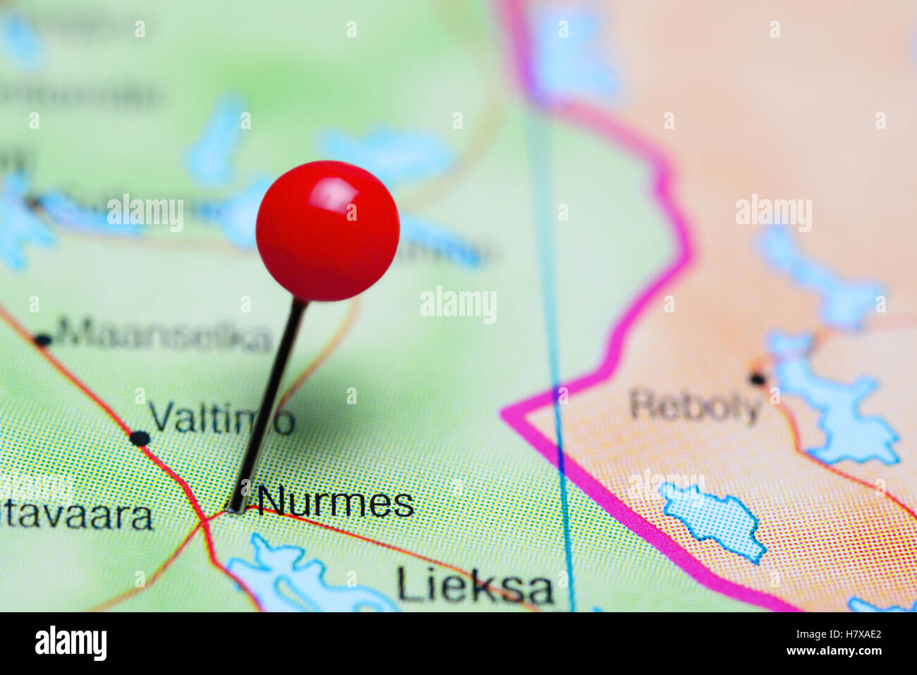 Nurmes pinned on a map of Finland Stock Photo