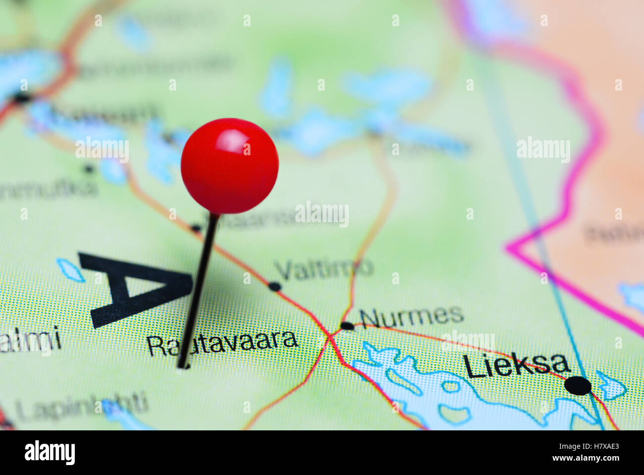 Rautavaara pinned on a map of Finland Stock Photo