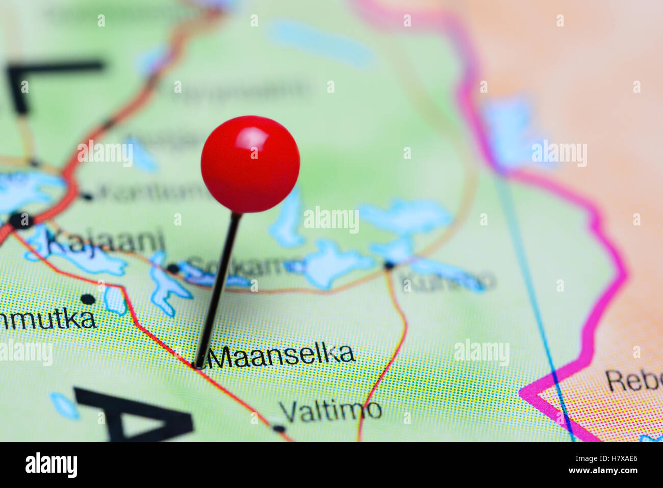 Maanselka pinned on a map of Finland Stock Photo