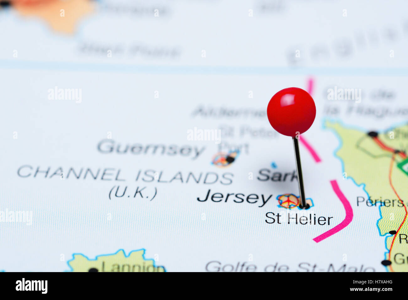 St Helier pinned on a map of UK Stock Photo
