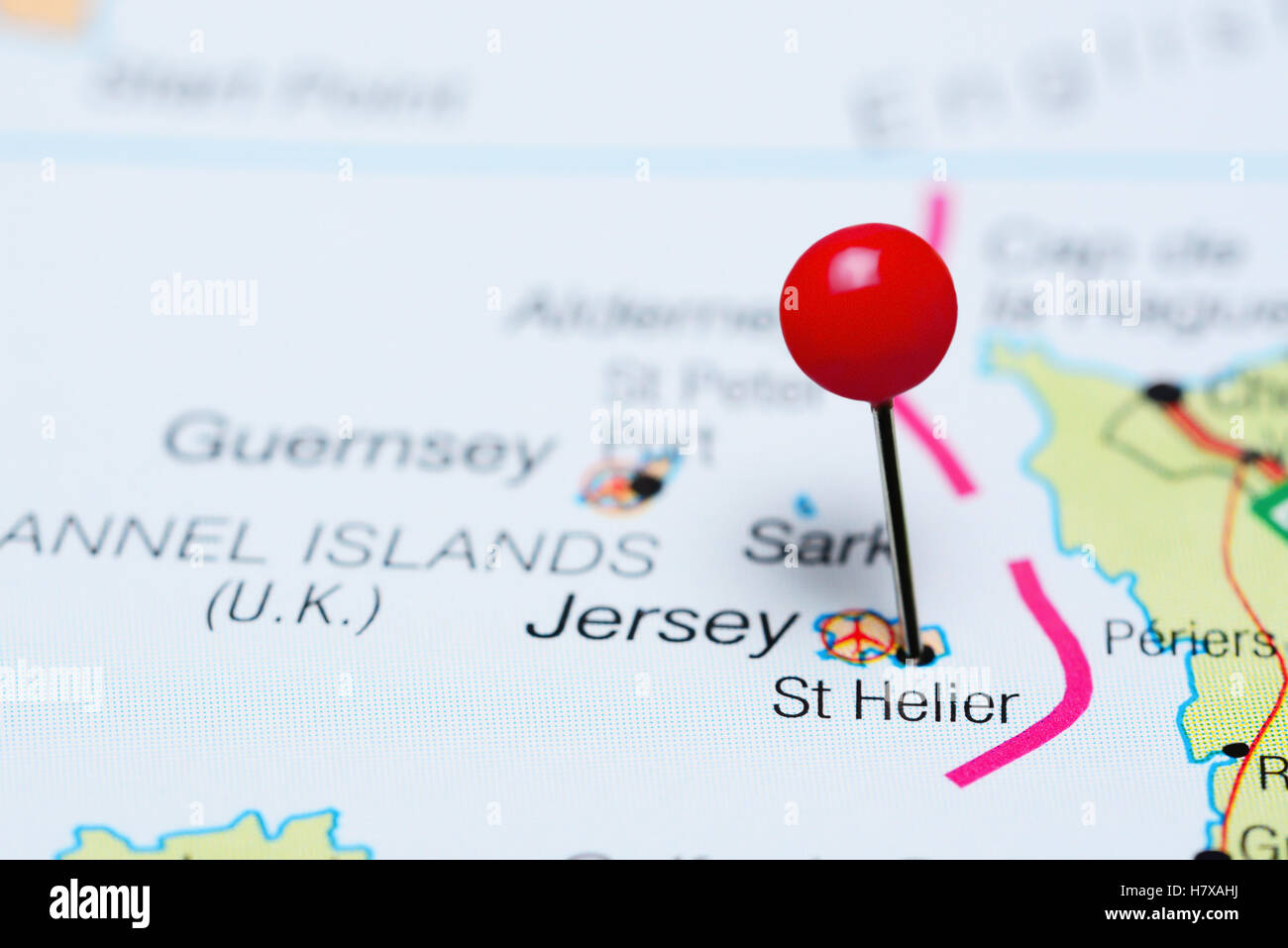 St Helier pinned on a map of UK Stock Photo