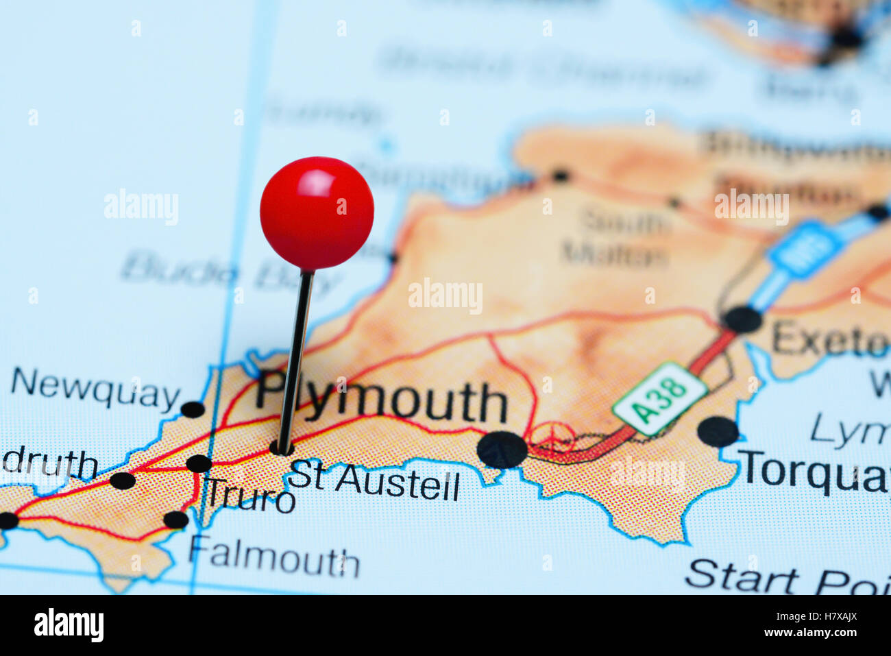 St Austell pinned on a map of UK Stock Photo