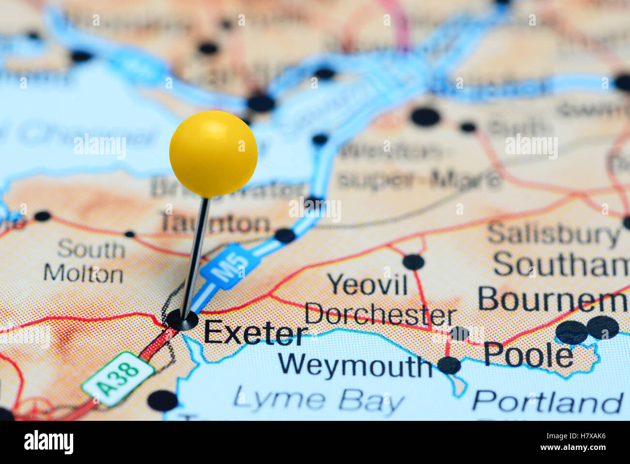 Exeter pinned on a map of UK Stock Photo