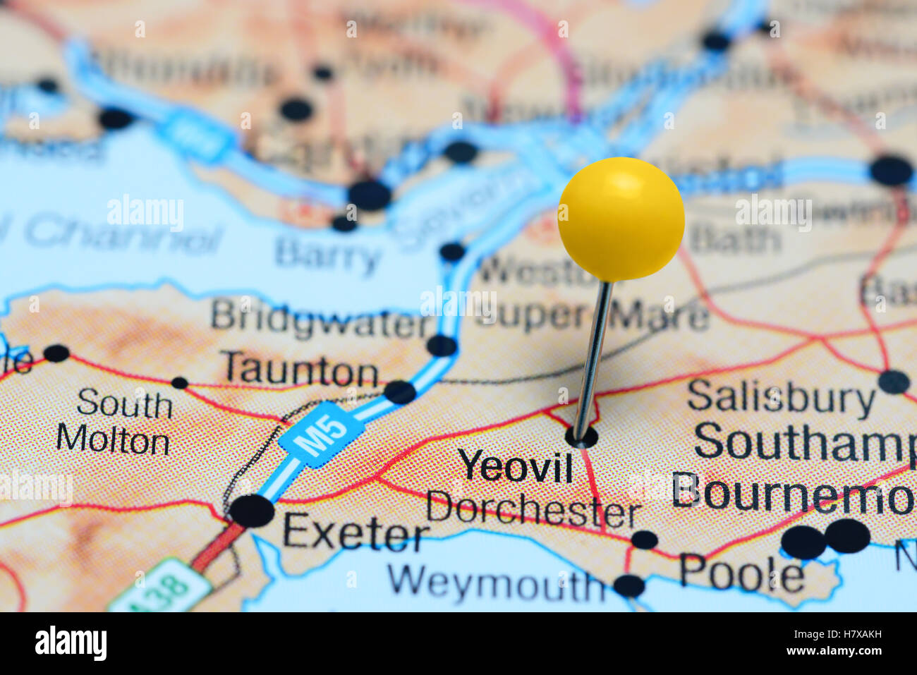 Yeovil pinned on a map of UK Stock Photo