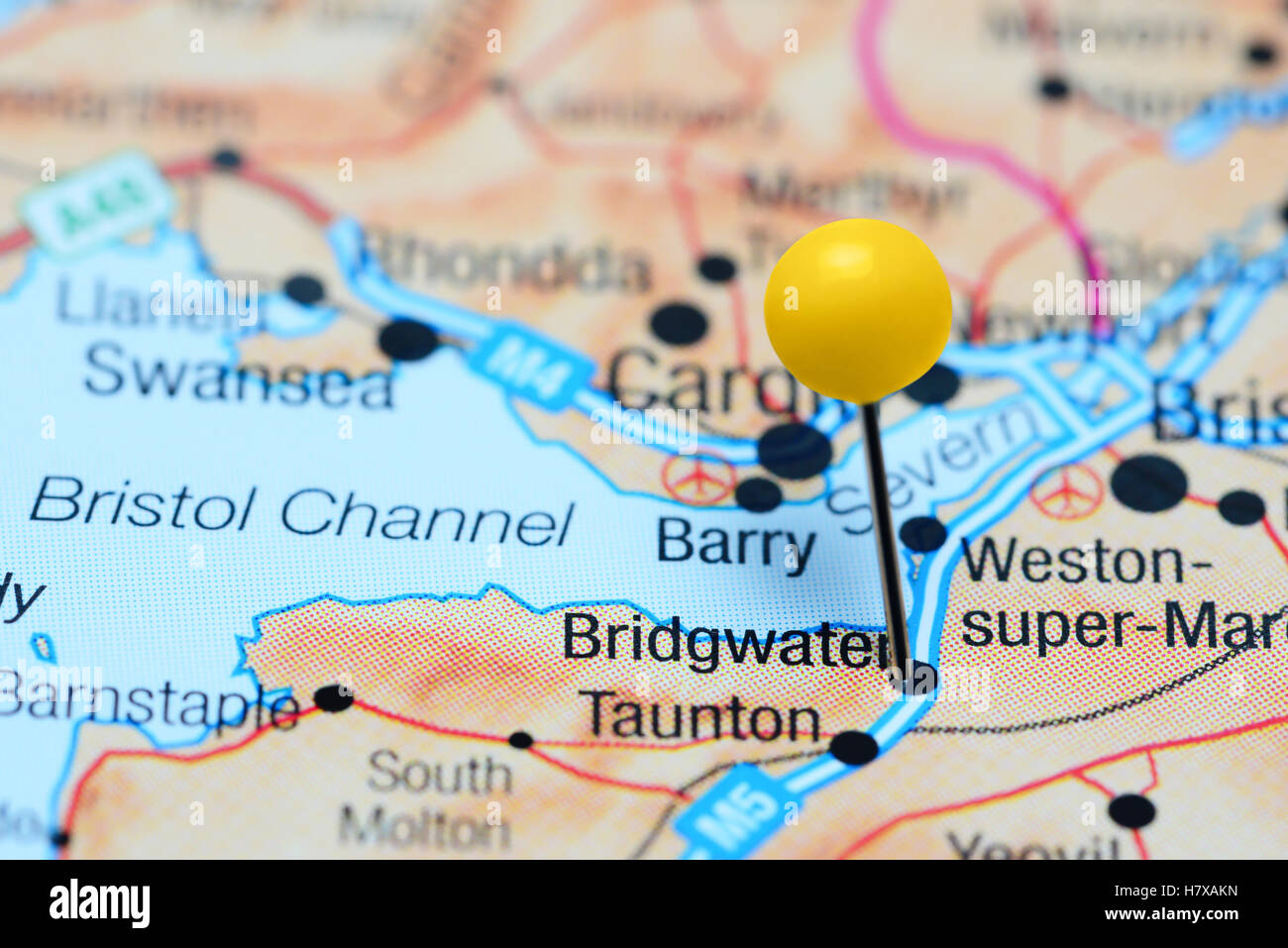 Bridgwater pinned on a map of UK Stock Photo