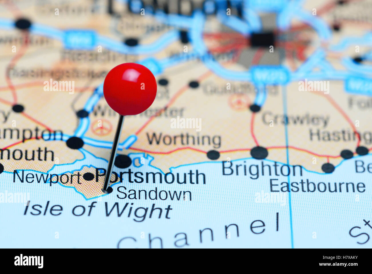 Sandown pinned on a map of UK Stock Photo Alamy