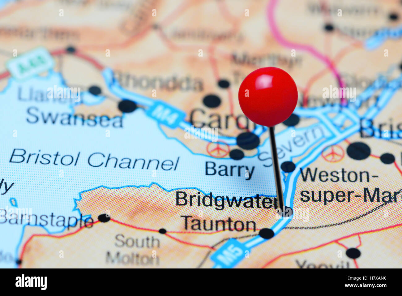 Bridgwater pinned on a map of UK Stock Photo