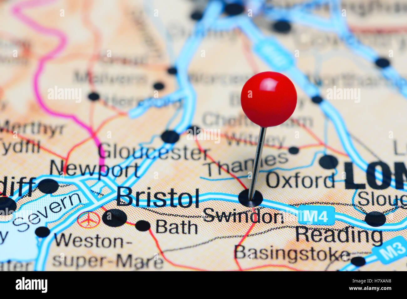 Swindon pinned on a map of UK Stock Photo