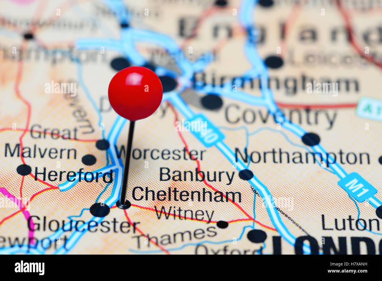 Cheltenham pinned on a map of UK Stock Photo