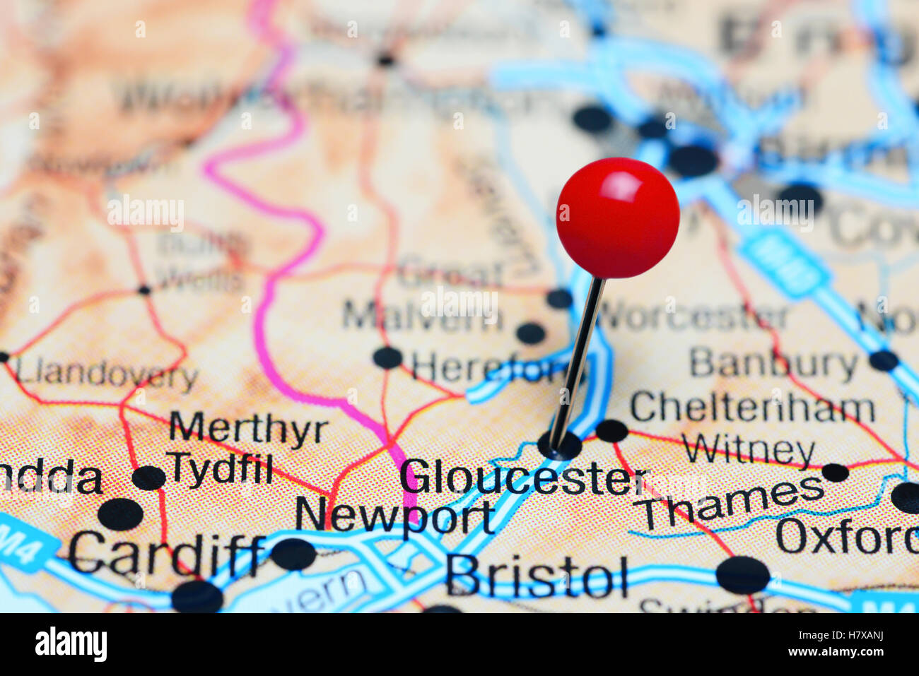 Gloucester pinned on a map of UK Stock Photo